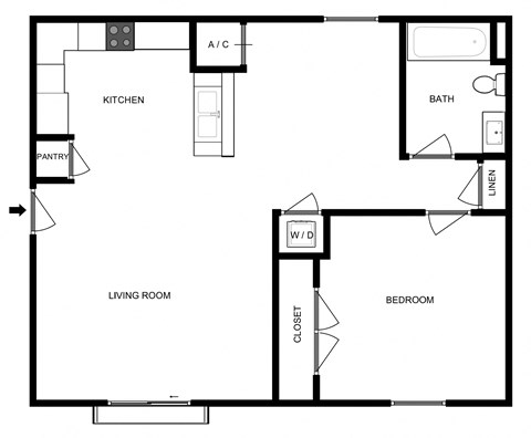 Floor plan for 1 bed, 1 bath, 568 sqft